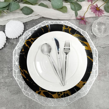 10 Pack Marble Disposable Charger Plates, Cardboard Serving Tray, Round with Leathery Texture - Black/Gold 1100 GSM 13"