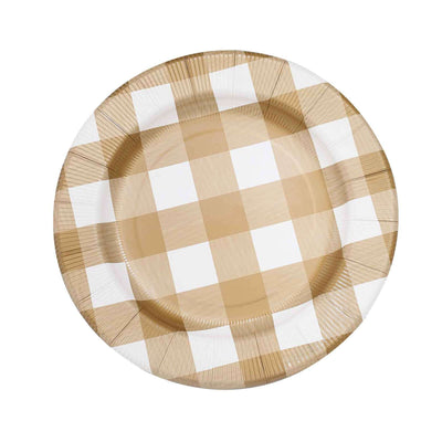 Brown and white checkered disposable plate on a plain background