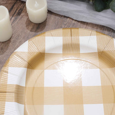 Yellow and white checkered paper plate on a wooden surface