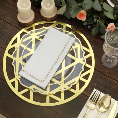 Elegant gold and clear charger plate with white napkin and gold detailing.