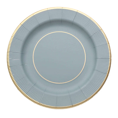 Elegant blue plate with gold rim detailing on a white background.