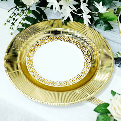 Elegant gold charger plate with intricate design, perfect for dining decor.