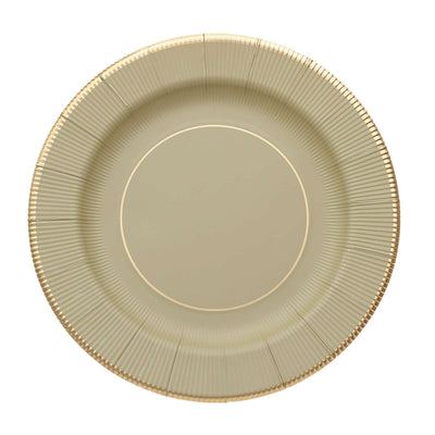 Elegant gold-rimmed beige plate with textured ridges
