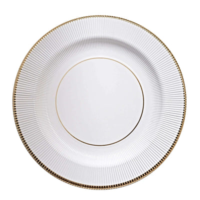 Elegant white plate with gold rim and textured design.