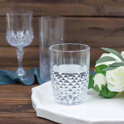 Clear crystal glass with textured design on a wooden table.