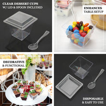 24 Pack | 4oz Clear Plastic Square Dessert Tumbler Cup, Lid and Spoon Set