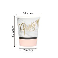 24 Pack 9 Ounce Blush Rose Gold Marble Paper Cups With 'Party' Text