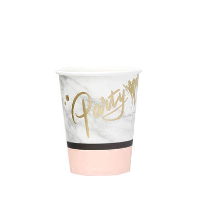 Pink and marble party cup with gold lettering.