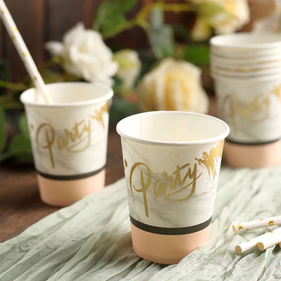 Party-themed disposable cups with elegant design and gold accents.