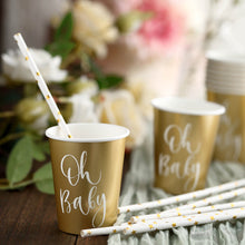 24 Pack Baby Shower 9 Ounce Gold 'Oh Baby' Text Paper Cups