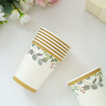 Paper Cups With Eucalyptus Design And Gold Rim White 24 Pack 9 Ounce