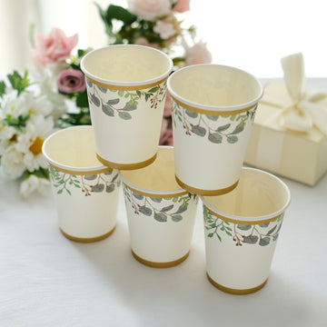 24 Pack White Tropical Greenery Boho Party Disposable Cups