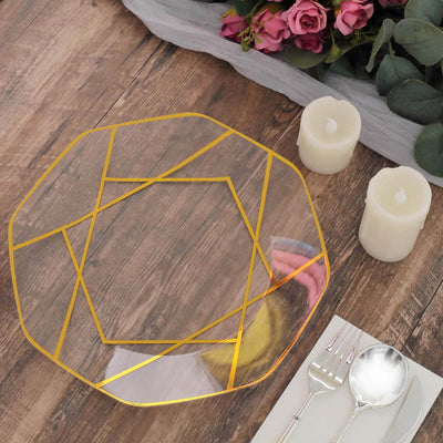 Geometric gold-accented clear plate on a rustic wooden table setting.