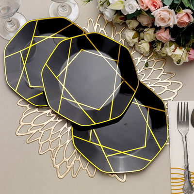 Black octagonal plates with yellow geometric design on a decorative table setting.