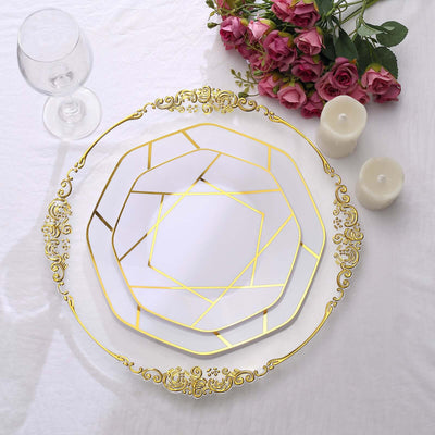 Elegant decorative plate with gold accents and intricate design, styled with roses and candles.