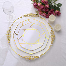 8 Inch White Plastic Plates With Gold Geometric Design 10 Pack