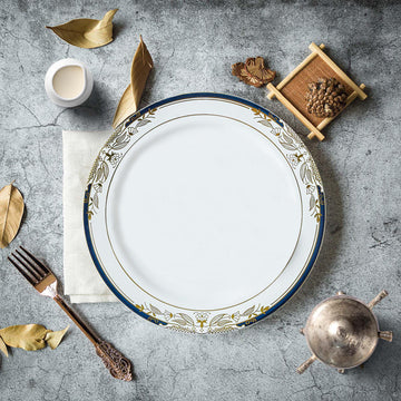 Elegant White Plates with Royal Blue Rim: Perfect for Any Occasion