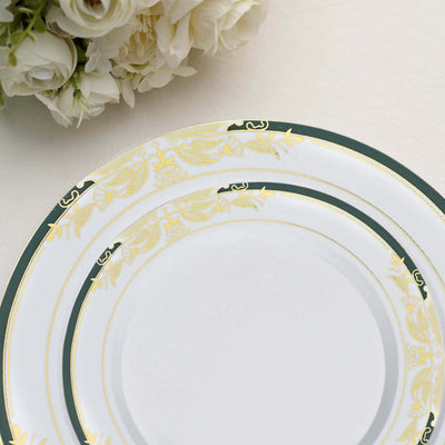 Elegant white plate with green and gold floral design.