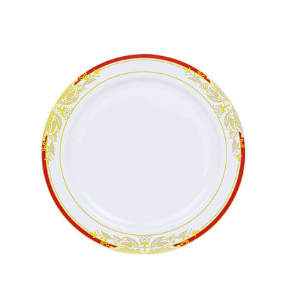 Decorative plate with red and gold floral design on a white background