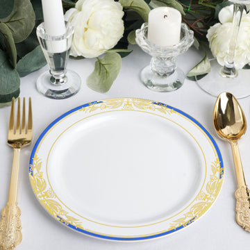 Elevate Your Event with White and Royal Blue Rim Plastic Appetizer Salad Plates