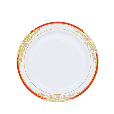 Decorative plate with red and gold floral design on a white background