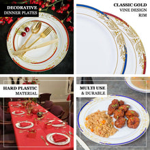10 Pack | White With Red Rim 8inch Plastic Appetizer Salad Plates, Round With Gold Vine Design