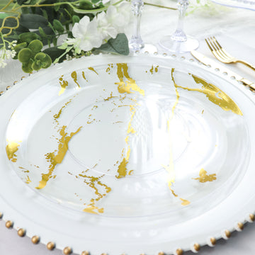 Elegant Gold and Clear Marble Print Plastic Dinner Party Plates