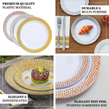 10 Pack Disposable White Plastic Dinner Plates With Hammered Design Gold Rim