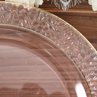 Elegant clear glass plate with textured rim and gold trim.