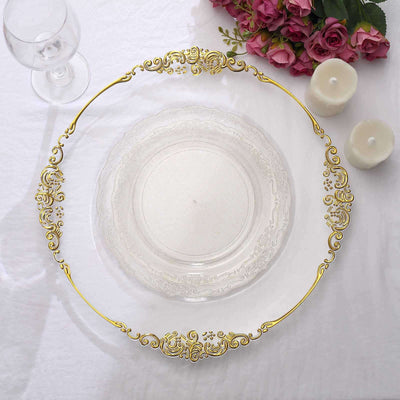 Elegant clear plate with gold floral rim design on white backdrop.