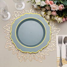 Round Dusty Blue Plastic Dinner Plates With Gold Scalloped Rim