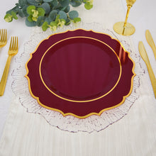 10 Pack Round Burgundy Plastic Disposable Plates with Gold Scalloped Rim 10 Inch