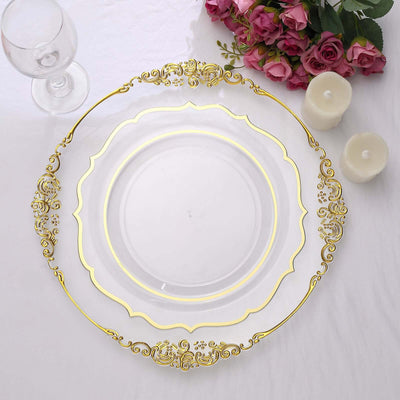 Elegant gold-trimmed clear plate on white background