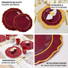 10 Pack Plastic 8 Inch Round Burgundy Disposable Dessert Plates with Gold Scalloped Rim 