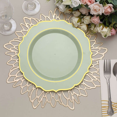 Mint green decorative plate on an elegant lace placemat with floral arrangement.