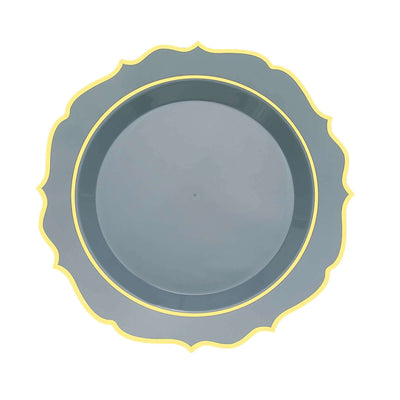 Gray decorative plate with yellow scalloped edge.