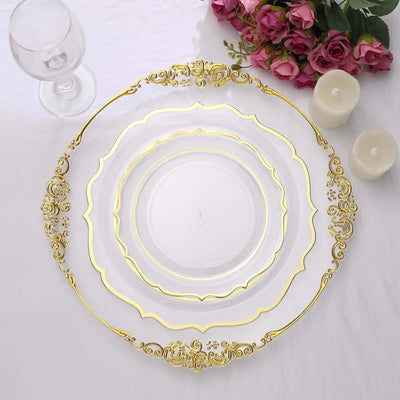 Elegant golden decorative plates in three sizes on a white background.