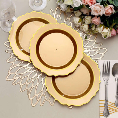 Elegant gold rimmed plates set for dining table decoration.
