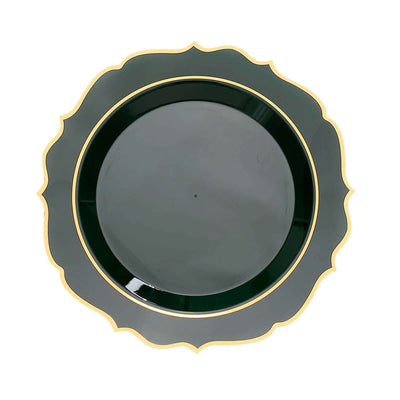 Elegant green decorative plate with a gold scalloped edge.