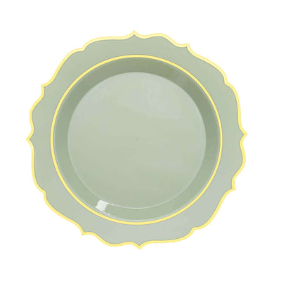 Green decorative plate with yellow trim, studio shot.