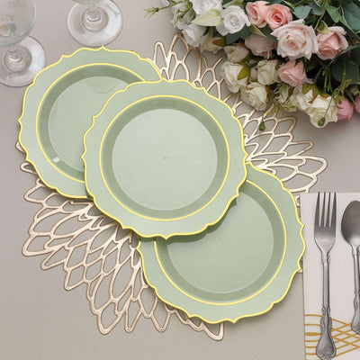 Green plates with yellow trim arranged on a decorative placemat.