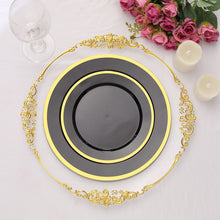 Round 10 Inch Regal Black And Gold Plastic Dinner Plates 10 Pack 