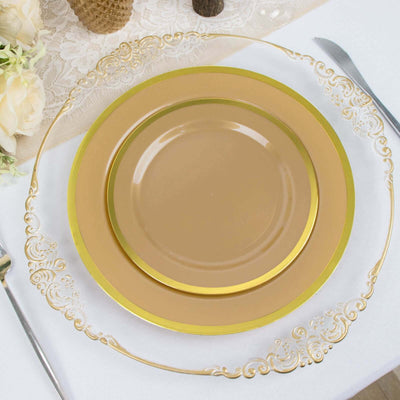 Elegant gold and beige dinnerware set arranged on a table.