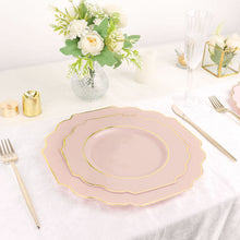 10 Pack of 11 Inch Blush & Rose Gold Hard Plastic Disposable Dinner Plates with Baroque Design and Gold Rim