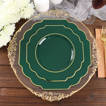10 Pack Disposable Hunter Emerald Green Hard Plastic Plates with Gold Rim in Baroque Design 11 Inch