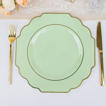 Elegant Sage Green Baroque Dinner Plates with Gold Rim