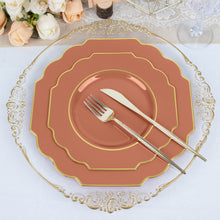 10 Pack Terracotta (Rust) Hard Plastic Baroque Dinner Plates with Gold Rim