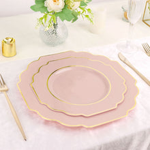 8 Inch Blush & Rose Gold Hard Plastic Disposable Baroque Heavy Duty Dinner Plates with Gold Rim 10 Pack