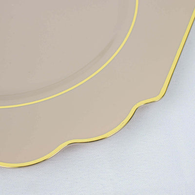 Elegant beige plate with gold trim detail.
