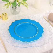10 Pack of 8 Inch Turquoise Hard Plastic Disposable Dinner Plates with Baroque Design and Gold Rim